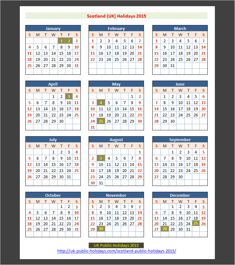 Scotland Public Holidays Calendar 2015 (Click To Enlarge)