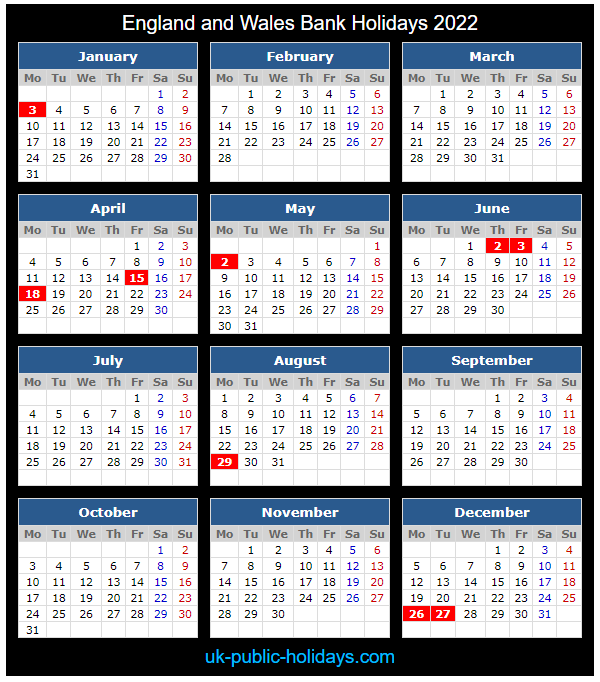 England and Wales Bank Holidays Calendar 2022