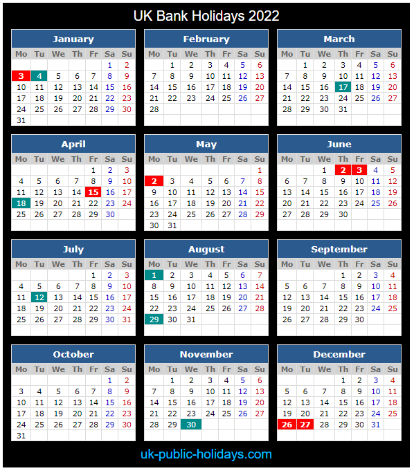 UK Bank Holidays Calendar 2022