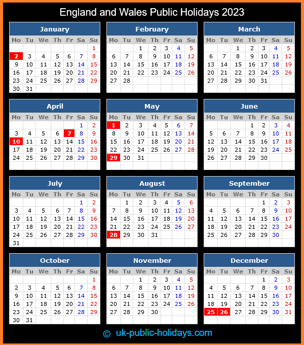 England and Wales public Holidays Calendar 2023