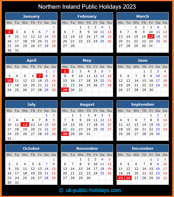 Calendar for Northern Ireland Public Holidays 2023