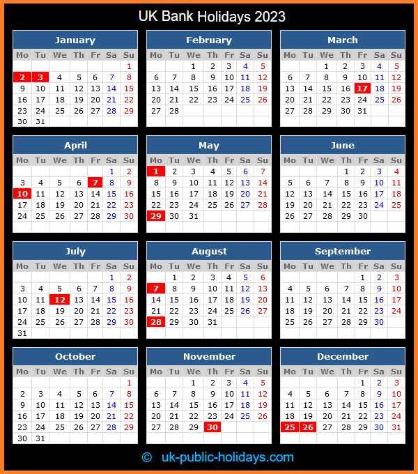 UK Bank Holidays Calendar 2023